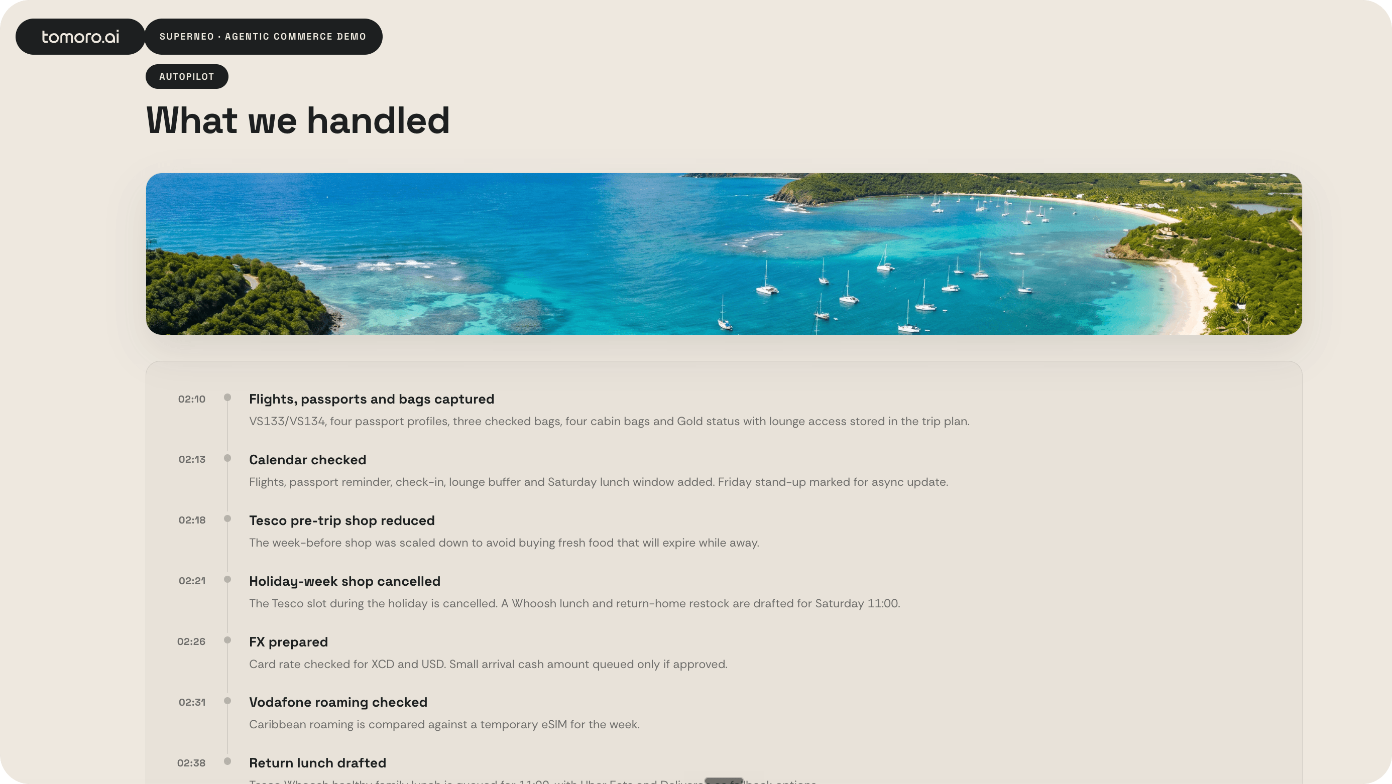 An agentic journey in practice: once the customer’s intent is known—here, “We’ve booked a family holiday”—the assistant quietly completes low-friction administrative tasks. It checks calendars, adjusts weekly shopping, prepares foreign exchange and mobile roaming, and surfaces only the choices that require the user’s judgment, payment, or approval.